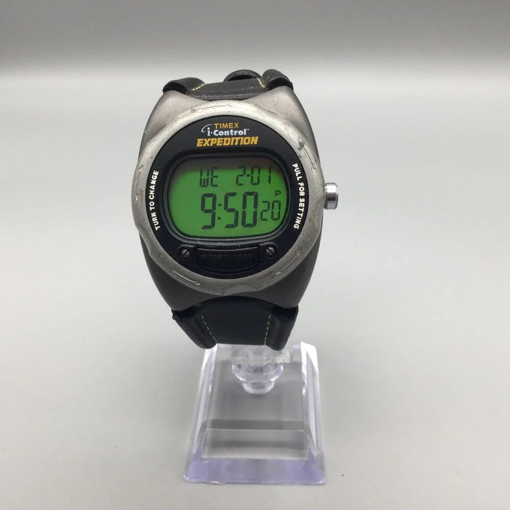 Timex Expedition I-Control Mens Watch 42mm Green Digital Black Leather New Batt